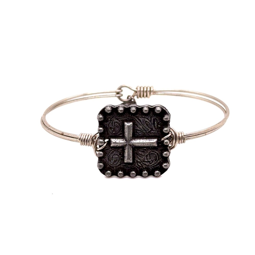 L&S Cross Bangle Bracelet Silver Tone Square Medallion Signed L & S